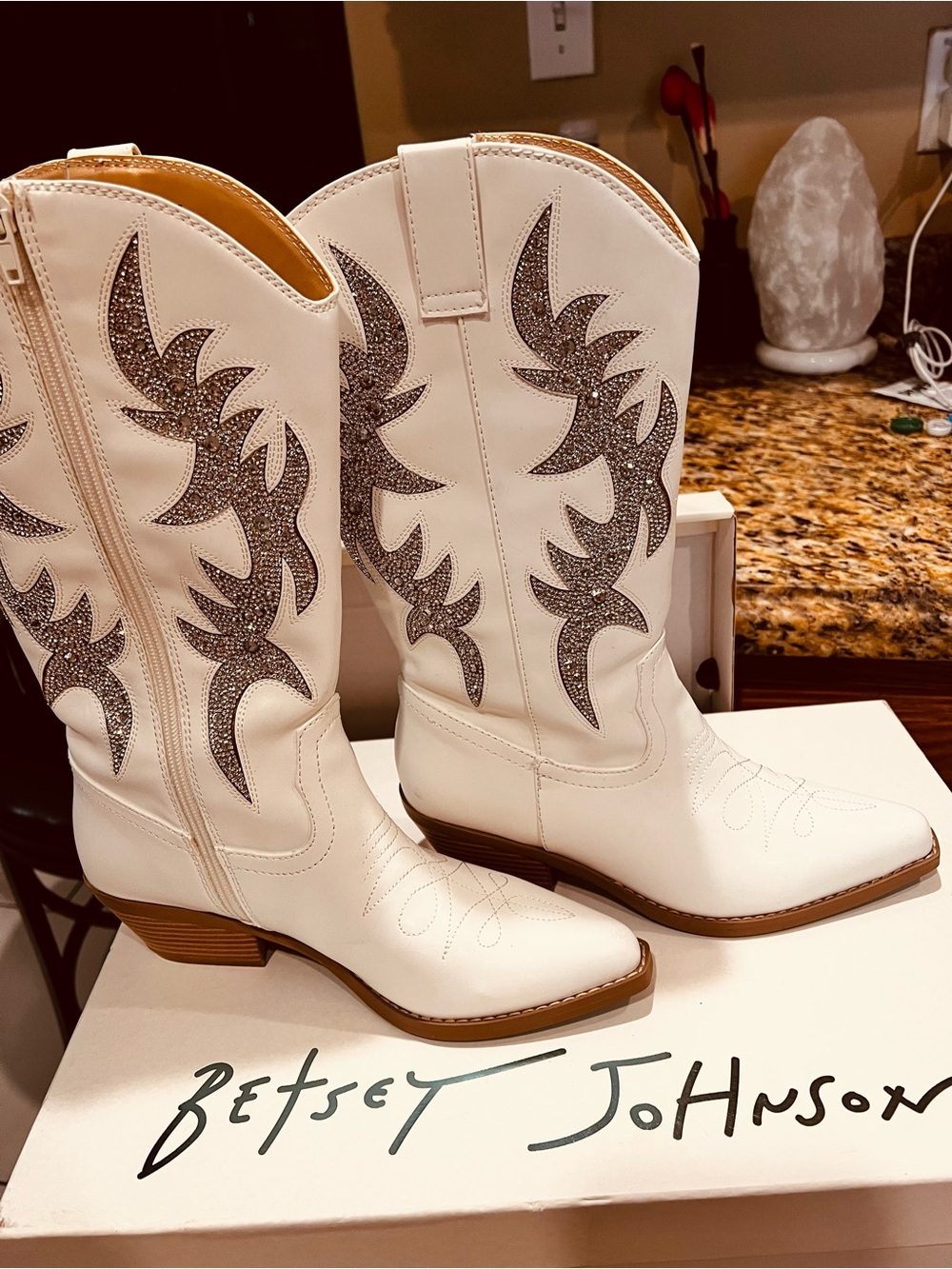 Betsey Johnson White Cowboy Boots with Silver Glitter Inlay